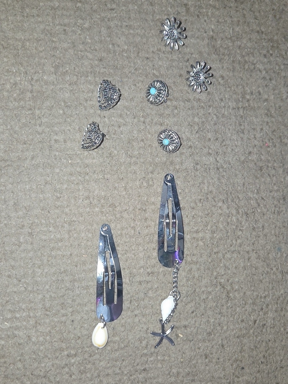 Silver Tone Mixed Stud and Clip-On Earrings Set with White Shell Accents